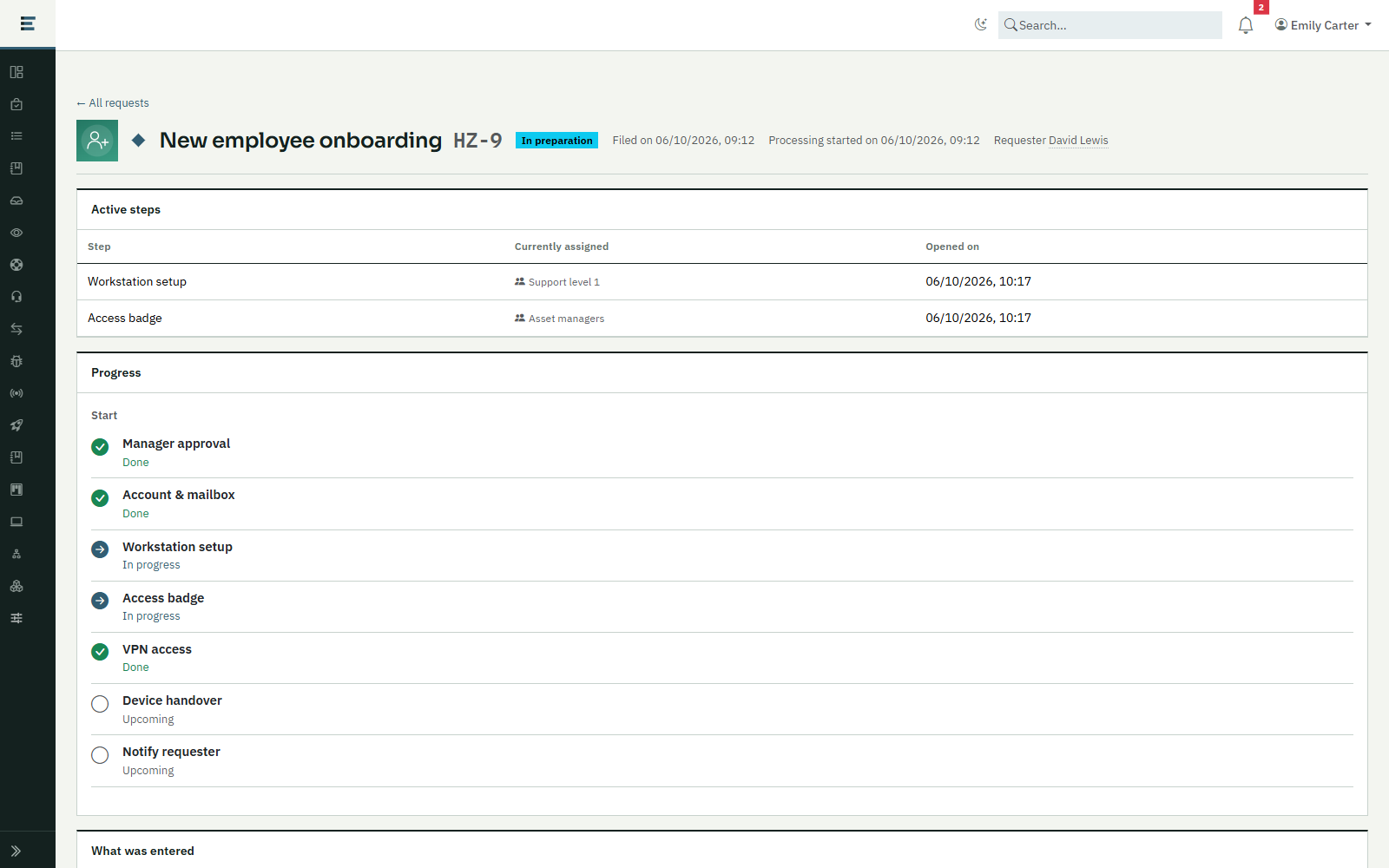 Tracking an onboarding request in Ecaldima: “In preparation” status, active steps with their teams and step-by-step progress.