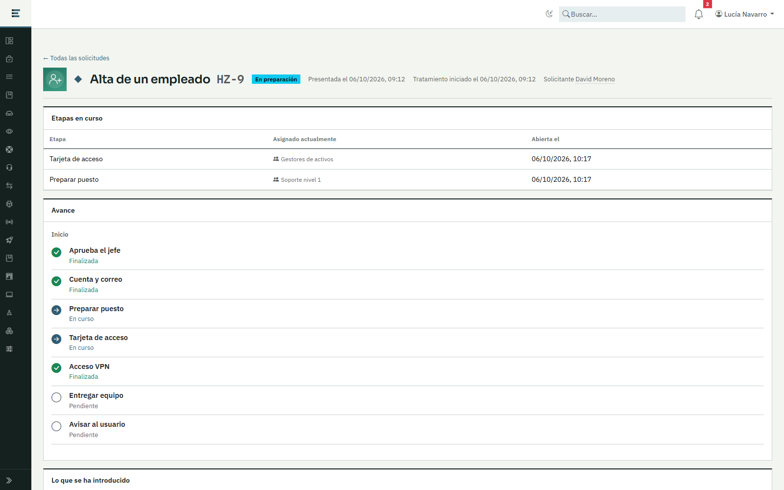 Seguimiento de una solicitud de alta en Ecaldima: estado «En preparación», etapas en curso con sus equipos y avance paso a paso.