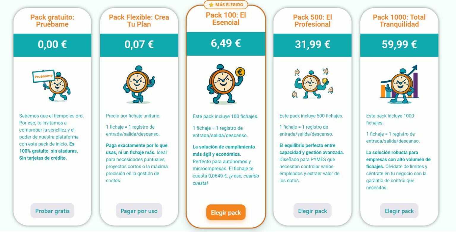 Pricing card for Pack gratuito: Prueba conmigo, 0,00 €, stopwatch mascot and a 'Probar gratis' button.