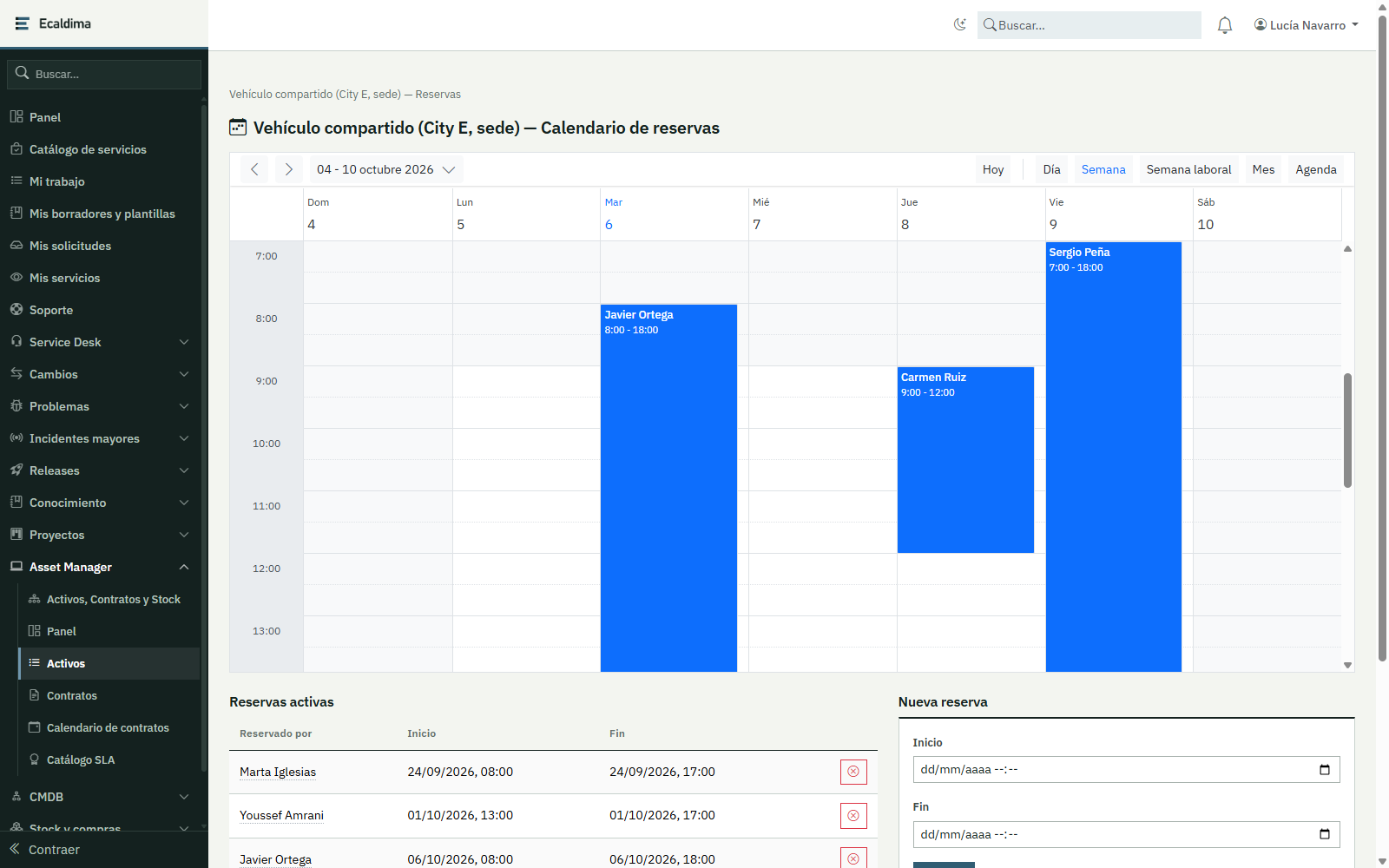 Activos de Ecaldima: calendario de reservas de un vehículo compartido, con las reservas de la semana.