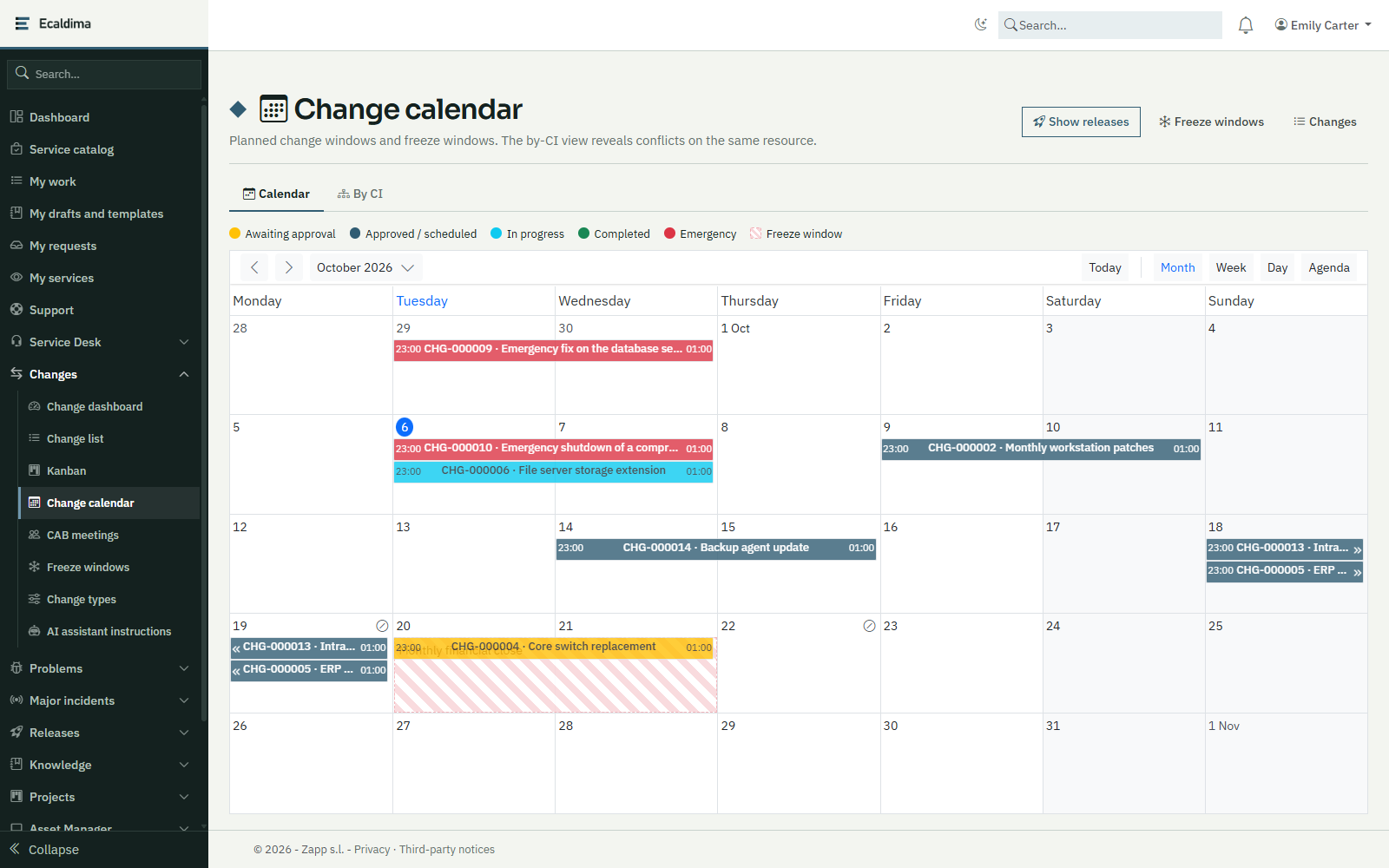 Ecaldima Change management: monthly calendar with scheduled changes, emergency changes and a freeze window.