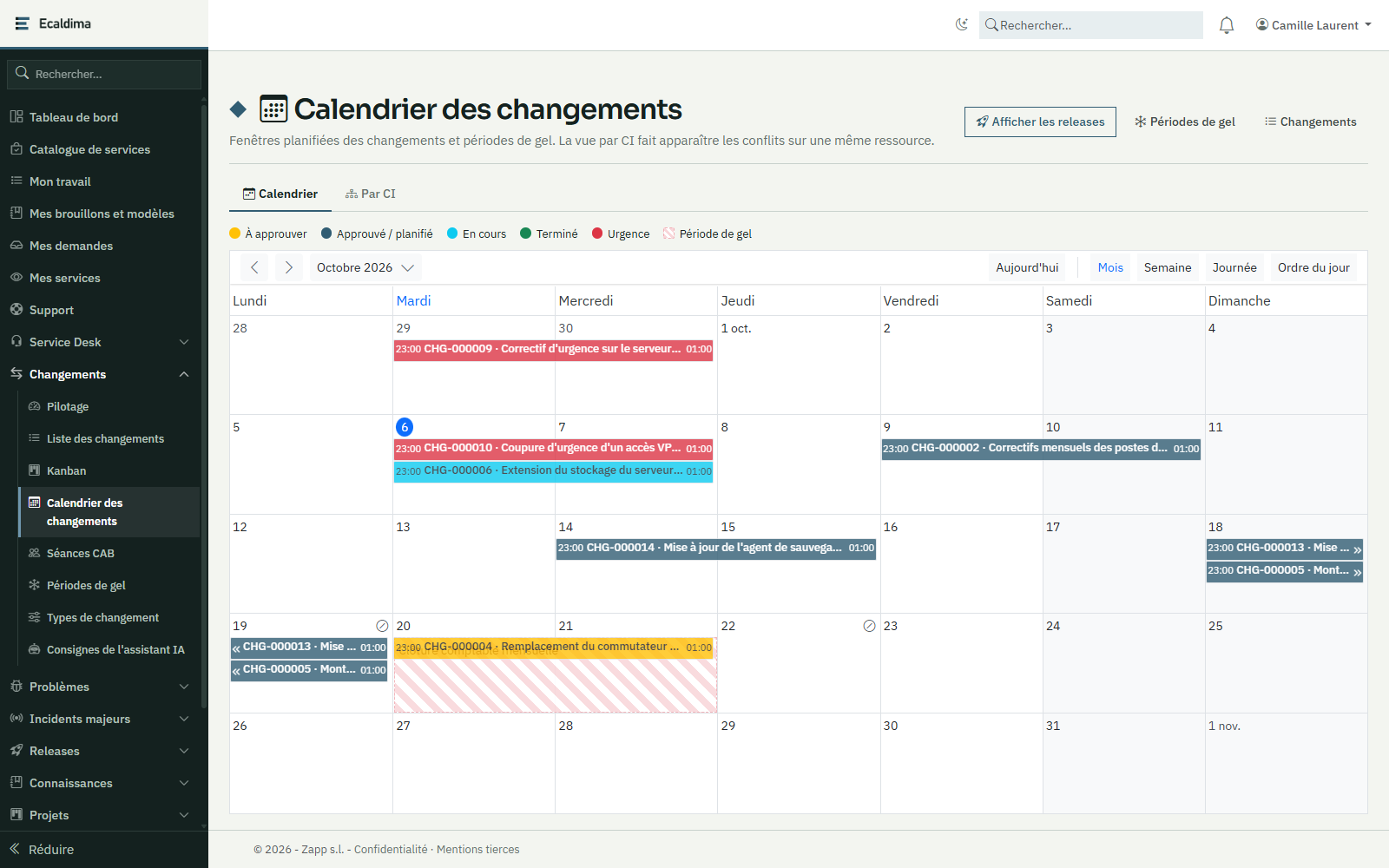 Ecaldima Changements : calendrier du mois avec les changements planifiés, les urgences et une période de gel.