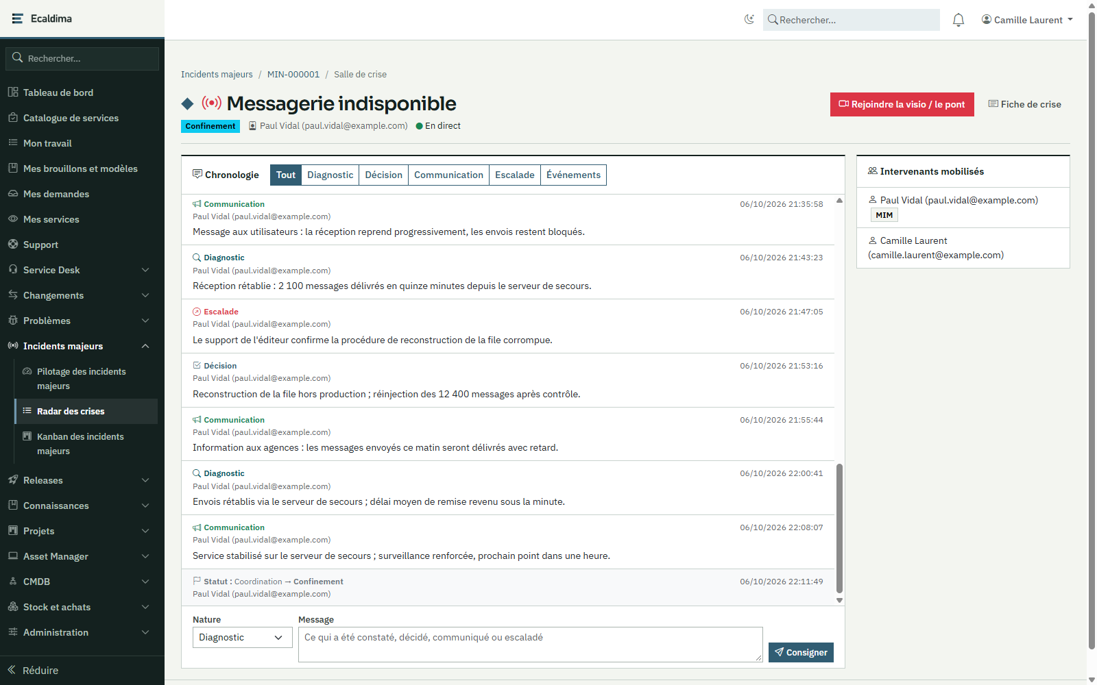 Ecaldima Incidents majeurs : salle de crise avec la chronologie des diagnostics, décisions, communications et escalades.