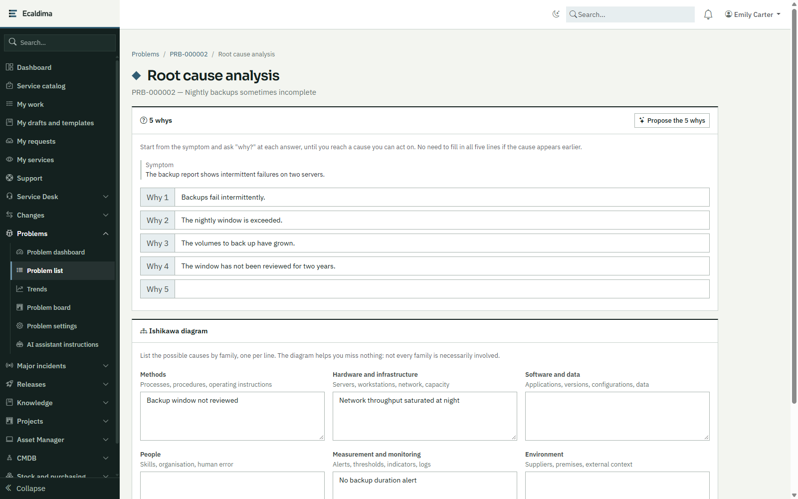 Ecaldima Problem management: root cause analysis with the 5 whys and the Ishikawa diagram.