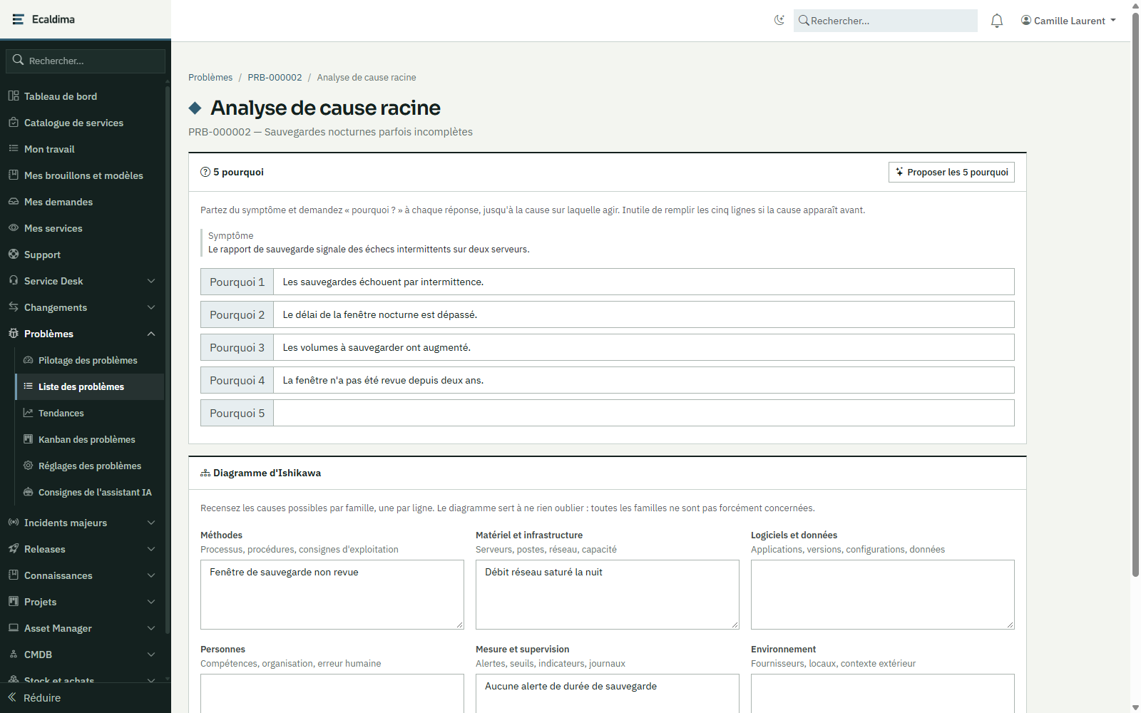 Ecaldima Problèmes : analyse de cause racine avec la méthode des 5 pourquoi et le diagramme d’Ishikawa.