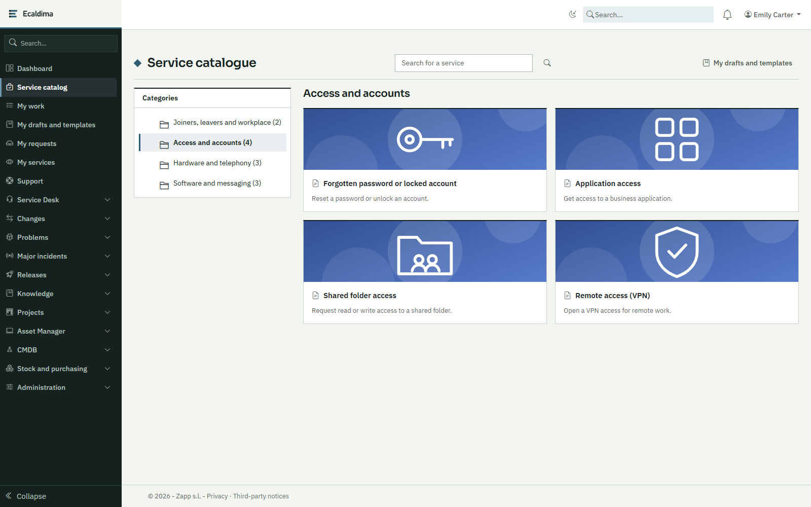 Ecaldima Service catalogue: the “Access and accounts” category and its services, each with its illustration.