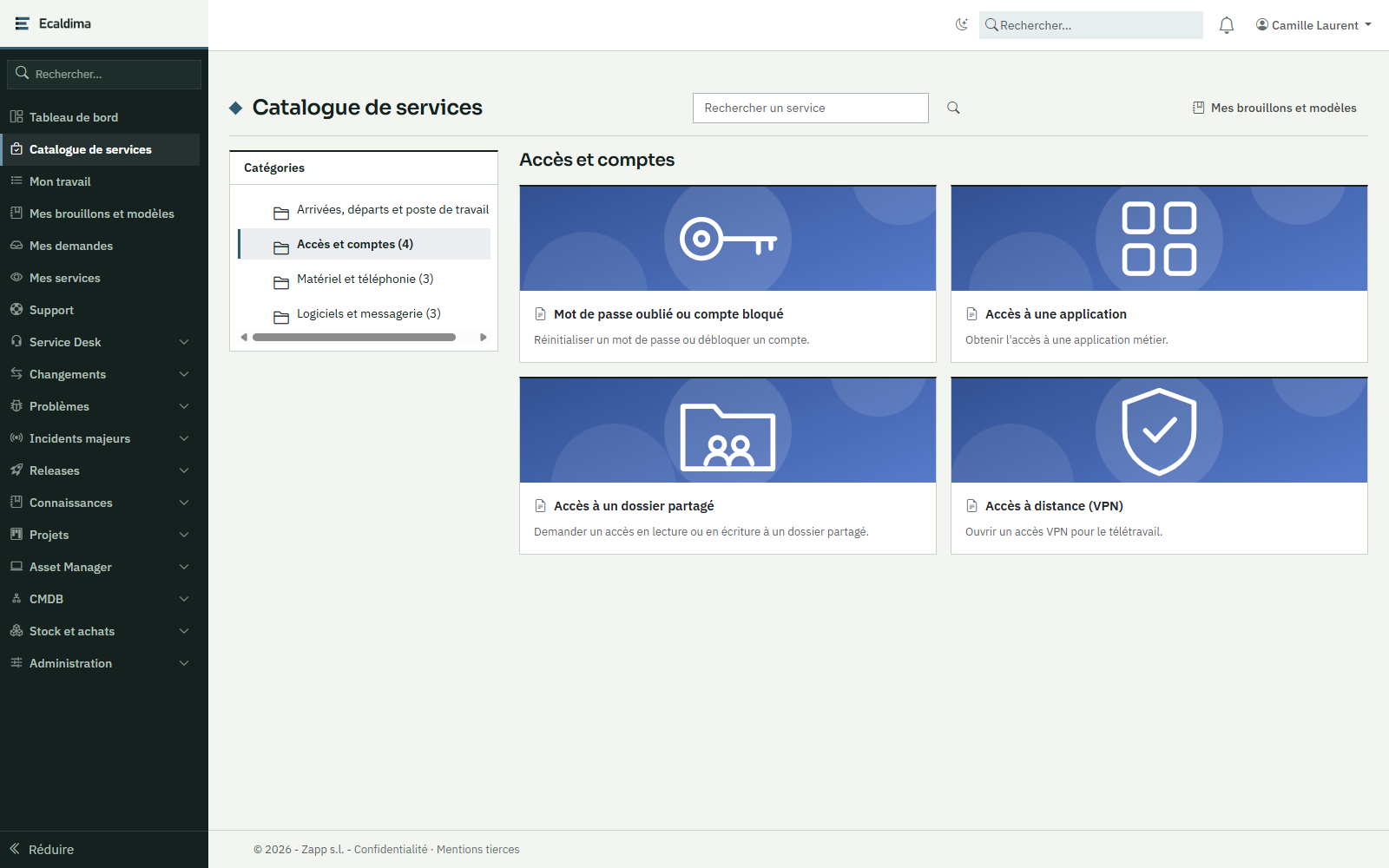 Ecaldima Catalogue de services : catégorie « Accès et comptes » et ses services, chacun avec son illustration.