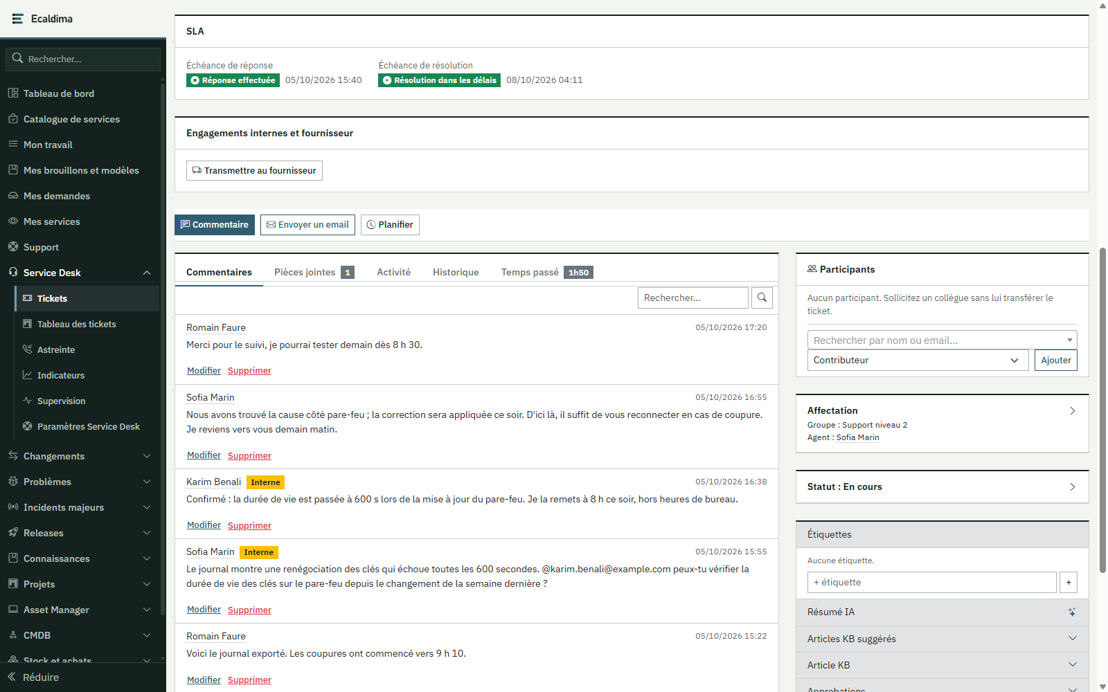 Ecaldima Service Desk : ticket d’incident avec ses échéances SLA, ses commentaires publics et internes et son affectation.